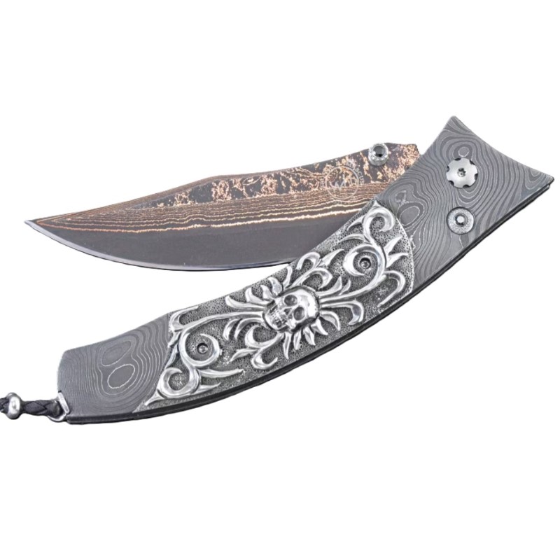 William Henry Dark Dreams Folding Knife with Hand-Forged Damascus and Hand-Carved Sterling Silver